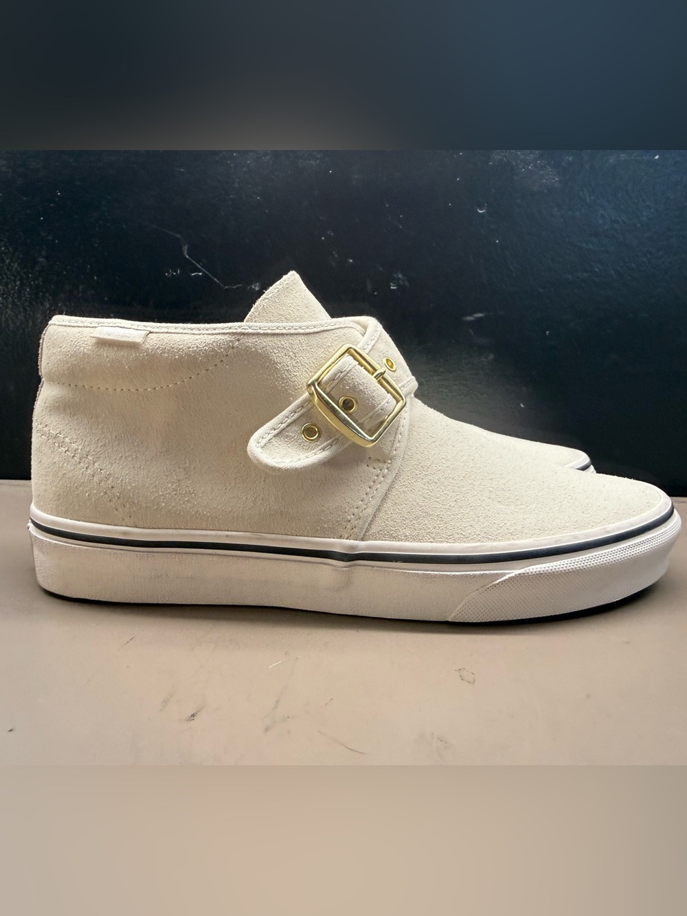 New Unisex Vans Chukka MS Monk Strap Mid Top Leather Cream Gold Buckle Women 9